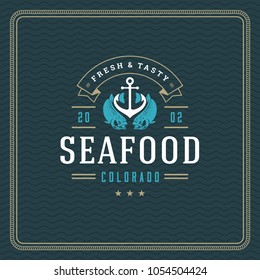 Seafood restaurant logo vector illustration. Market emblem, fish silhouette. Vintage typography badge design.