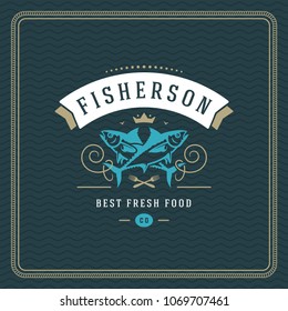Seafood restaurant logo vector illustration. Market emblem, fish silhouette. Vintage typography badge design.