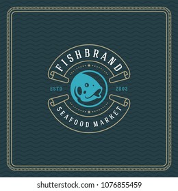 Seafood restaurant logo vector illustration. Market emblem, fish silhouette. Vintage typography badge design.