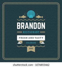 Seafood restaurant logo vector illustration. Market emblem, shell silhouette. Vintage typography badge design.