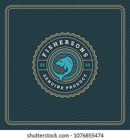 Seafood restaurant logo vector illustration. Market emblem, fish silhouette. Vintage typography badge design.