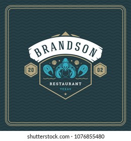 Seafood restaurant logo vector illustration. Market emblem, lobster silhouette. Vintage typography badge design.