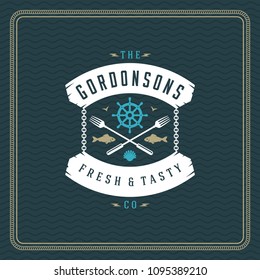 Seafood restaurant logo vector illustration. Market emblem, fish silhouette. Vintage typography badge design.