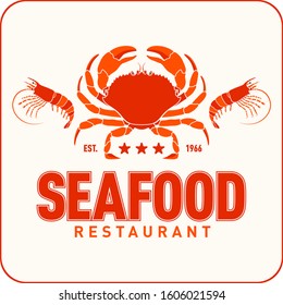 Seafood restaurant logo vector illustration. Market emblem, crab and shrimps silhouette