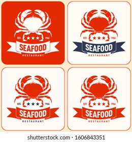 Seafood restaurant logo vector illustration set. Market emblems, crab silhouette. Ribbon Lettering