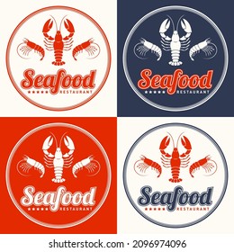 Seafood restaurant logo vector illustration set. Market emblem, crayfish and shrimps silhouette. Ribbon Lettering
