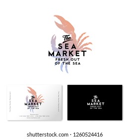 Seafood restaurant logo. Watercolor crab silhouette. Identity. Business card. The vintage style.