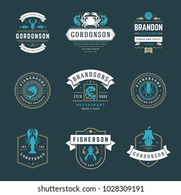 Seafood restaurant logos set vector illustration. Market and fisherman emblems, fishes and seafood silhouettes. Vintage typography badges design.