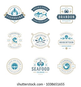 Seafood restaurant logos set vector illustration. Market and fisherman emblems, fishes and seafood silhouettes. Vintage typography badges design.