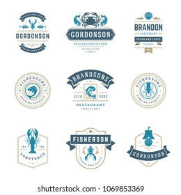 Seafood restaurant logos set vector illustration. Market and fisherman emblems, fishes and seafood silhouettes. Vintage typography badges design.