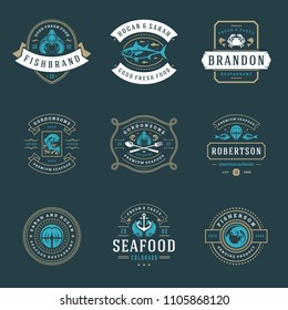 Seafood restaurant logos set vector illustration. Market and fisherman emblems, fishes and seafood silhouettes. Vintage typography badges design.