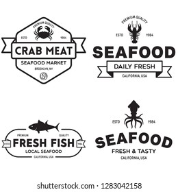 Seafood restaurant logos set vector illustration. Market and fisherman emblems, fishes and seafood silhouettes. Vintage typography badges design.