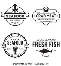 Seafood restaurant logos set vector illustration. Market and fisherman emblems, fishes and seafood silhouettes. Vintage typography badges design.