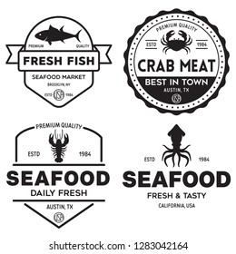Seafood restaurant logos set vector illustration. Market and fisherman emblems, fishes and seafood silhouettes. Vintage typography badges design.