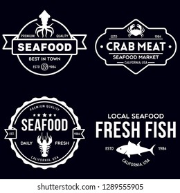 Seafood restaurant logos set vector illustration. Market and fisherman emblems, fishes and seafood silhouettes. Vintage typography badges design.