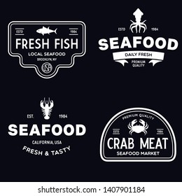 Seafood restaurant logos set vector illustration. Market and fisherman emblems, fishes and seafood silhouettes. Vintage typography badges design.
