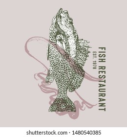 Seafood restaurant logotype with grouper fish dancing flamenco. Hand drawn fish by waves of flamenco skirt vector illustration. Spanish Dance and Food Theme Party. Pink and green. Design template. 