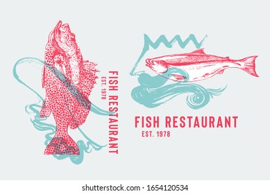 Logotipo de restaurante de marisco con mero de pescado flamenco y salmón con Neptuno. Peces dibujados a mano por ondas de falda flamenco ilustración vectorial. Danza y comida españolas