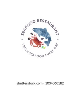 Seafood restaurant and market logo. Red crab, shells, salmon fish watercolor illustration.