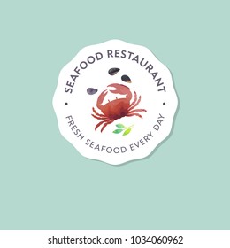 Seafood restaurant and market logo. Red crab, shells watercolor illustration.