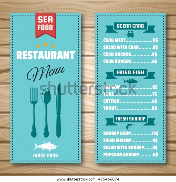 Vektor Stok Seafood Restaurant Menu Blue Color Cutlery Tanpa Royalti 475466074