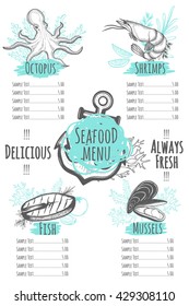 Seafood restaurant  menu brochure with hand-drawn seafood elements.