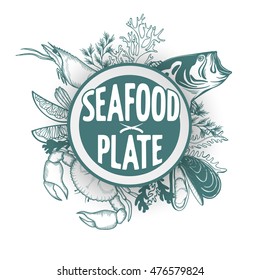 Seafood restaurant  menu brochure with hand-drawn seafood elements.