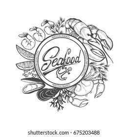 Seafood restaurant  menu brochure with hand-drawn seafood elements.