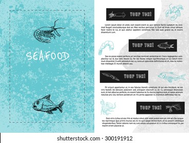 Seafood restaurant menu card brochure, in etching sketch hand drawing style, for cuisine business design