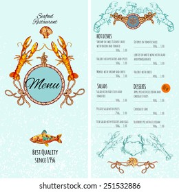 Seafood restaurant menu card template with premium fish dishes vector illustration