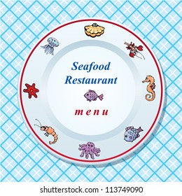 The seafood restaurant menu design - dish on checked tablecloth background