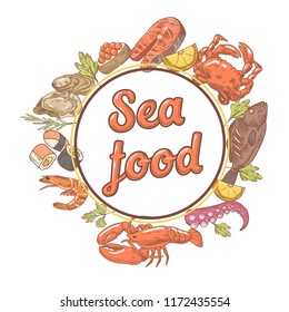 Seafood Restaurant Menu Design with Fish, Crab and Oysters. Hand Drawn vector illustration