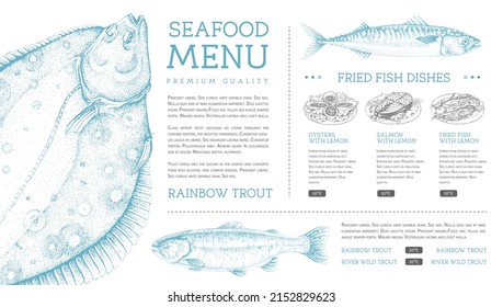 Seafood restaurant menu design with hand drawing fish. Vector illustration