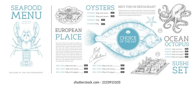 Seafood restaurant menu design with hand drawing fish. Vector illustration