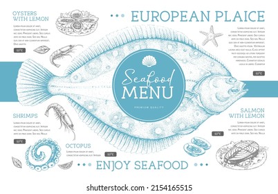 El restaurante de mariscos está decorado con platos de pescado pintado a mano. Ilustración del vector