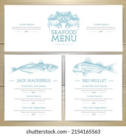 Seafood restaurant menu design with hand drawing fish. Vector illustration