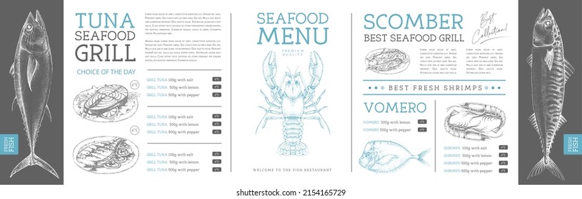 Seafood restaurant menu design with hand drawing fish. Vector illustration
