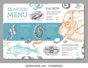 Seafood restaurant menu design with hand drawing fish. Vector illustration