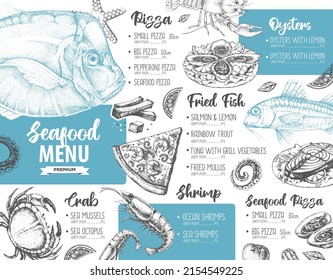 Seafood restaurant menu design with hand drawing fish. Vector illustration