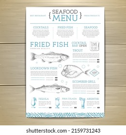 Seafood restaurant menu design with hand drawing fish. Vector illustration