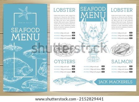 Seafood restaurant menu design with hand drawing fish. Vector illustration