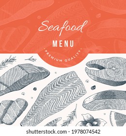 Seafood restaurant menu design with label, vector template with salmon hand drawn ink illustration, modern cover design, black and white vintage art, sketch drawing