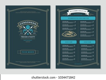 Seafood restaurant menu design and logo vector brochure template. Fish silhouette.