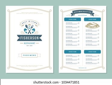 Seafood restaurant menu design and logo vector brochure template. Fish silhouette.