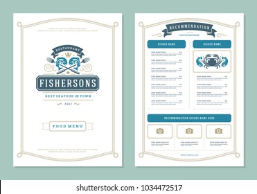 Seafood restaurant menu design and logo vector brochure template. Fish silhouette.