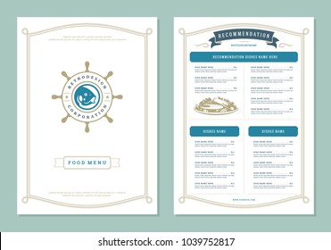 Seafood restaurant menu design and logo vector brochure template. Fish silhouette.