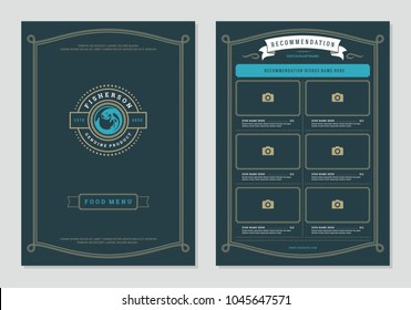 Seafood restaurant menu design and logo vector brochure template. Fish silhouette.