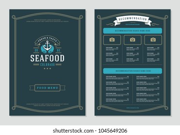 Seafood restaurant menu design and logo vector brochure template. Fish silhouette.