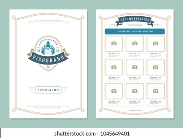 Seafood restaurant menu design and logo vector brochure template. Lobster silhouette.
