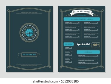 Seafood restaurant menu design and logo vector brochure template. Fish steak silhouette.